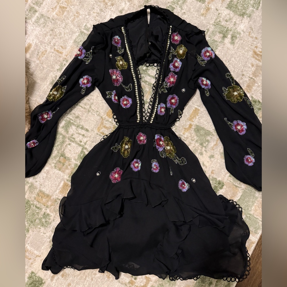 ASOS Black Dress with Pink and Green Floral Embellished Embroidery